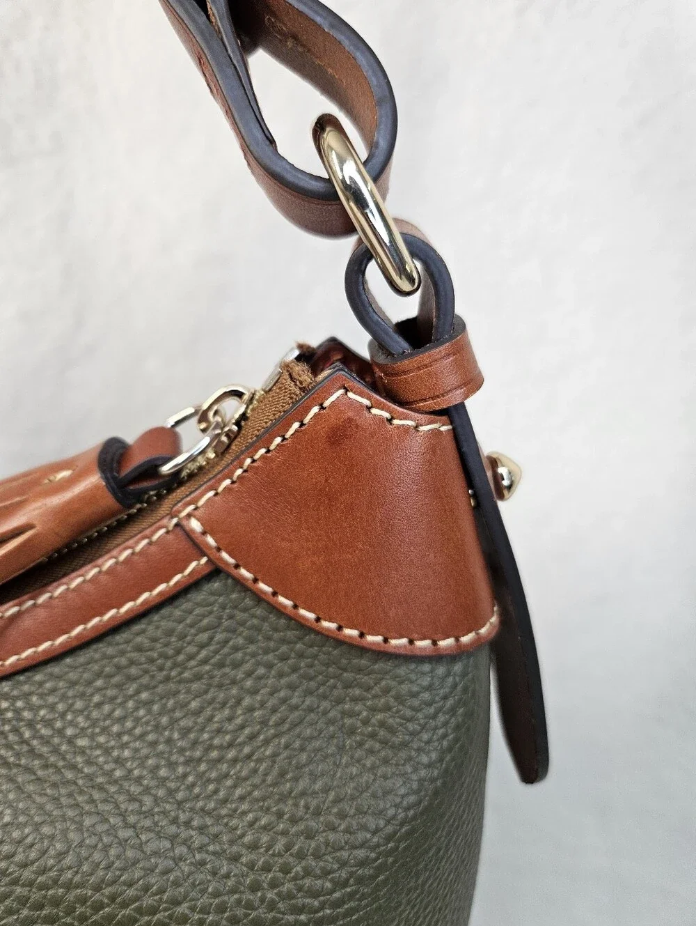Dooney & Bourke Olive Green Pebble Leather Hobo with Brown Trim
